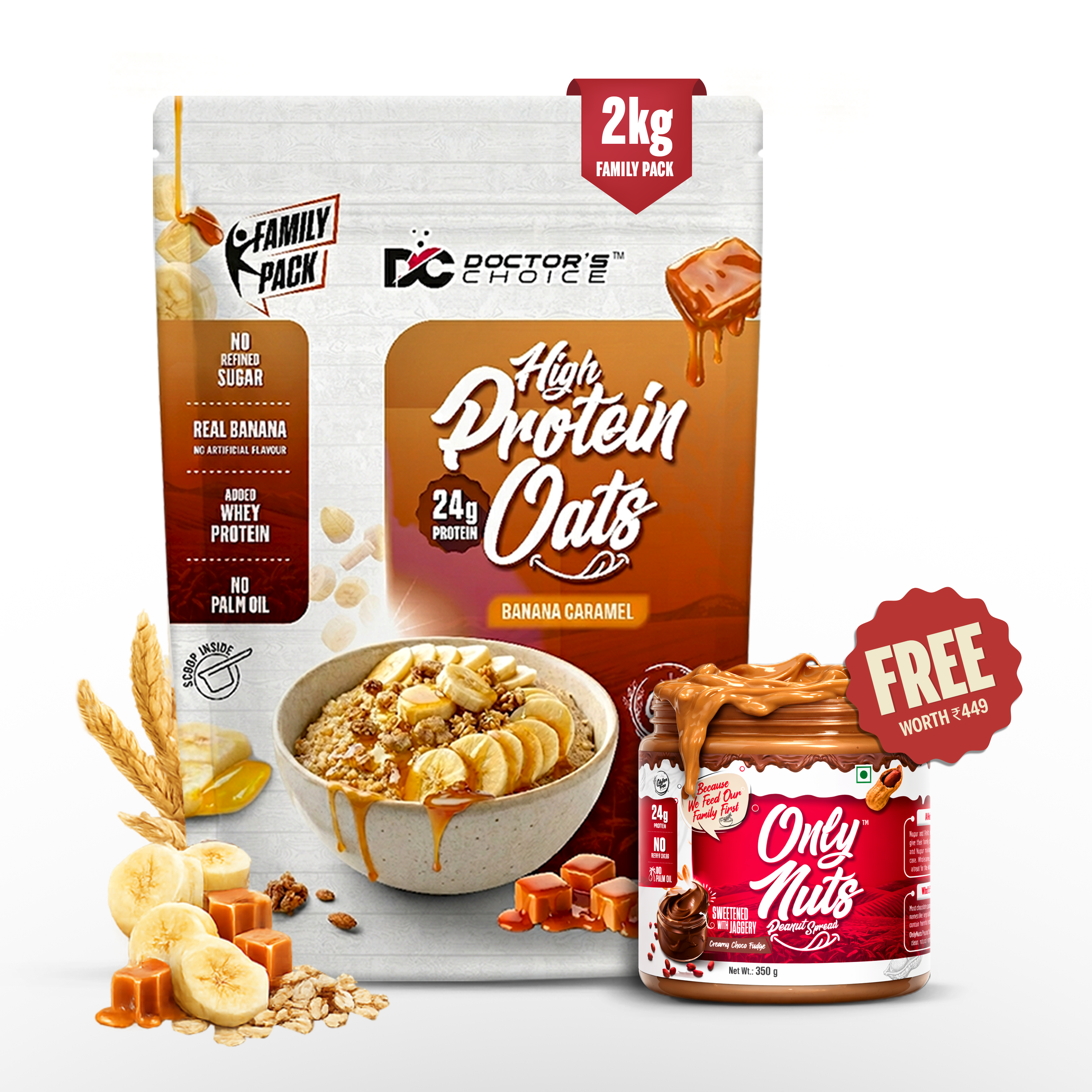 Protein Oats (Banana Caramel) 2 KG + Free Only nuts 350 GM