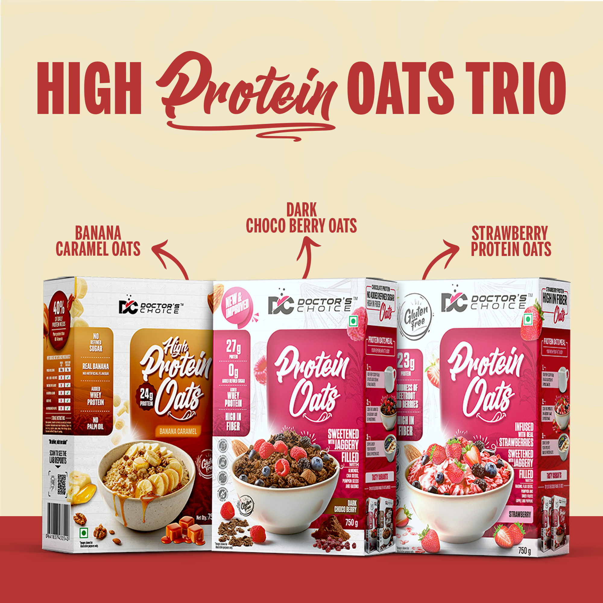 Protein Oats Combo – Banana Caramel + Dark Chocoberry + Strawberry (each 750g)