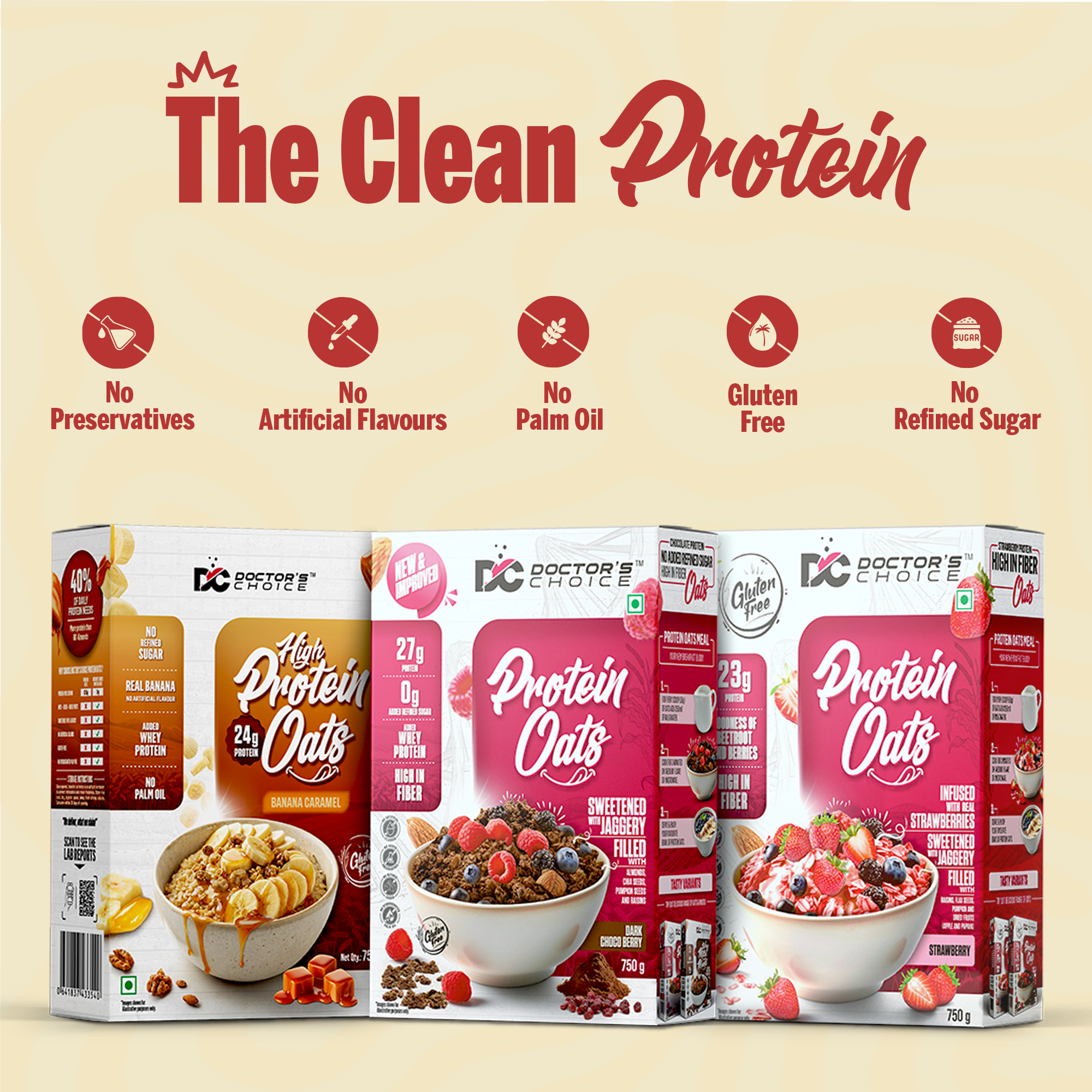 Protein Oats Combo – Banana Caramel + Dark Chocoberry + Strawberry (each 750g)