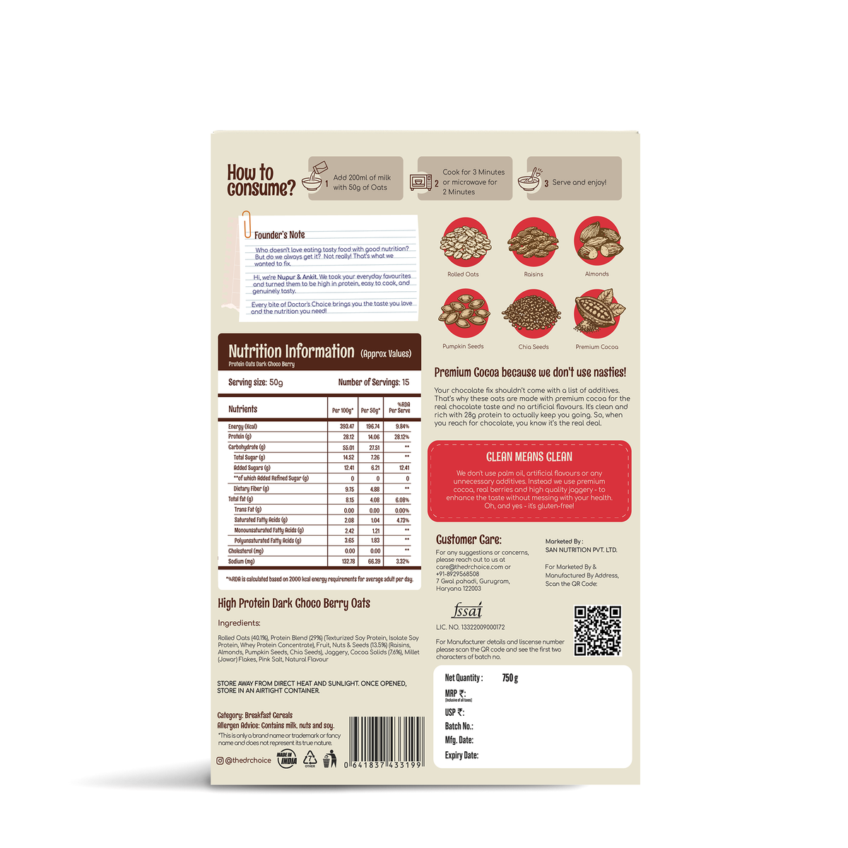Doctor's Choice Dark Choco Berry Protein Oats 750 GM
