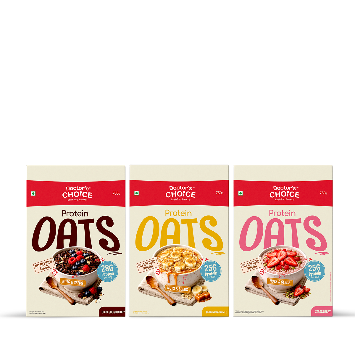 Protein Oats Combo – Banana Caramel + Dark Chocoberry + Strawberry (each 750g)