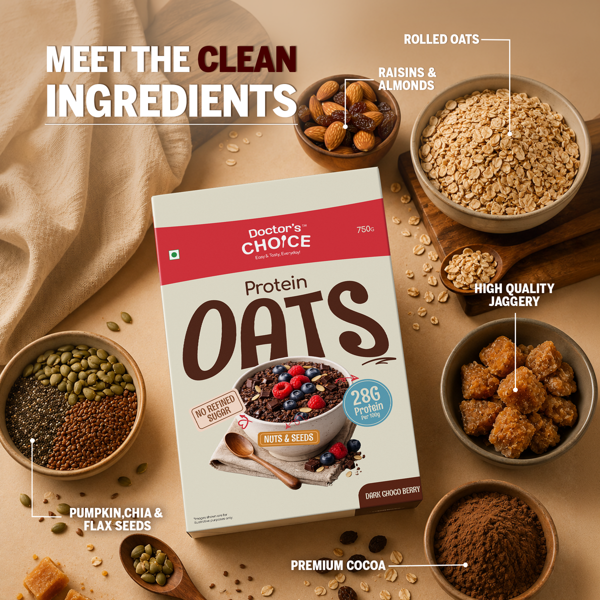 Doctor's Choice Dark Choco Berry Protein Oats 750 GM