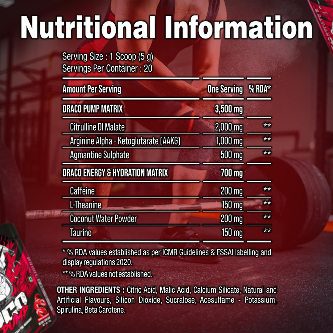 Draco Pump Pre Workout(No Tingling, No Itching, No Beta-Alanine) Power Packed PUMP Formula 20 Servings