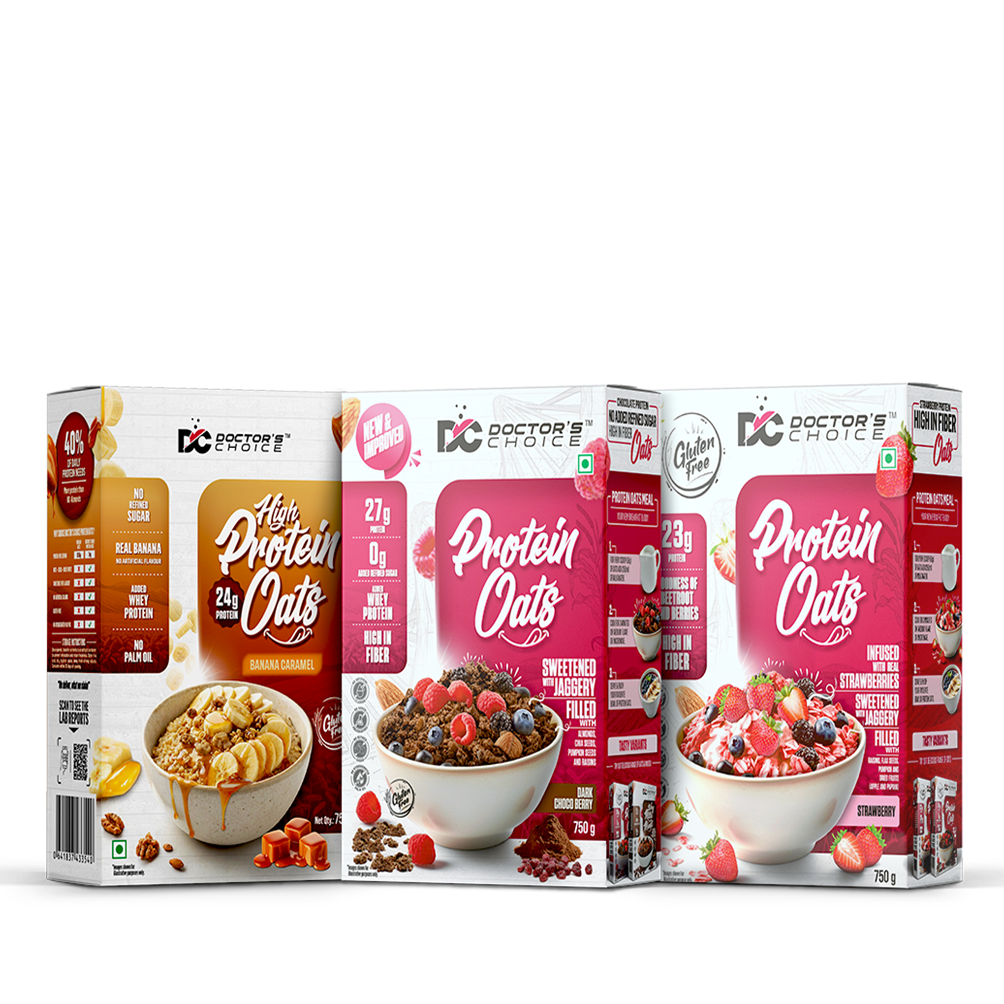 Protein Oats Combo – Banana Caramel + Dark Chocoberry + Strawberry (each 750g)